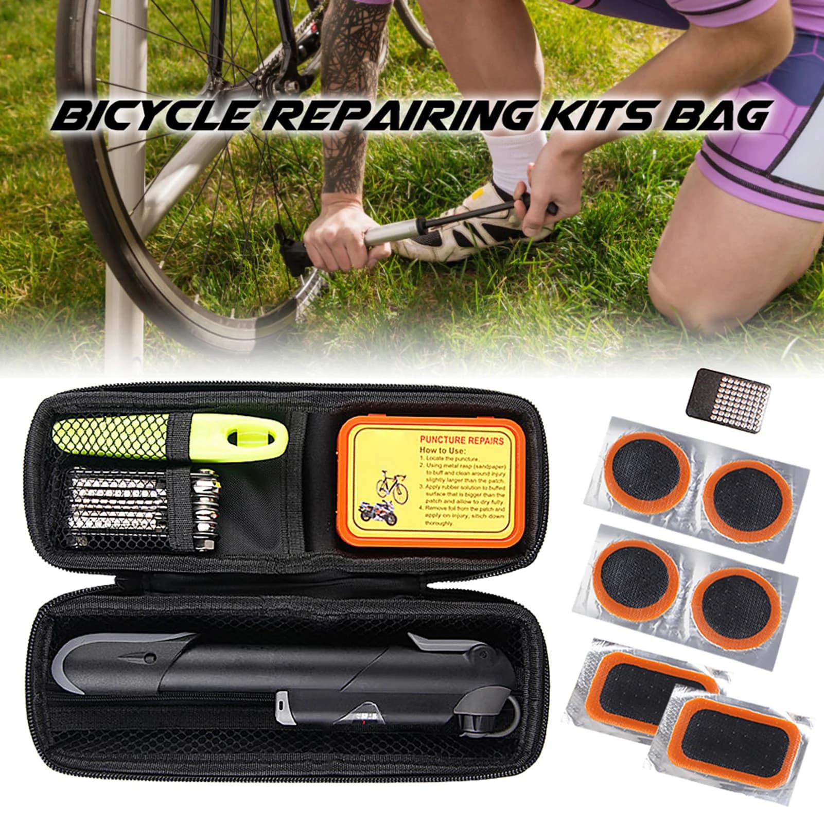 Kit Riparazione Bici Portatile, Set Attrezzi Riparazione Biciclette con Pompa, Kit Riparazione Pneumatici Multifunzione, Sacchetto Attrezzi e Patch per Camera d'Aria