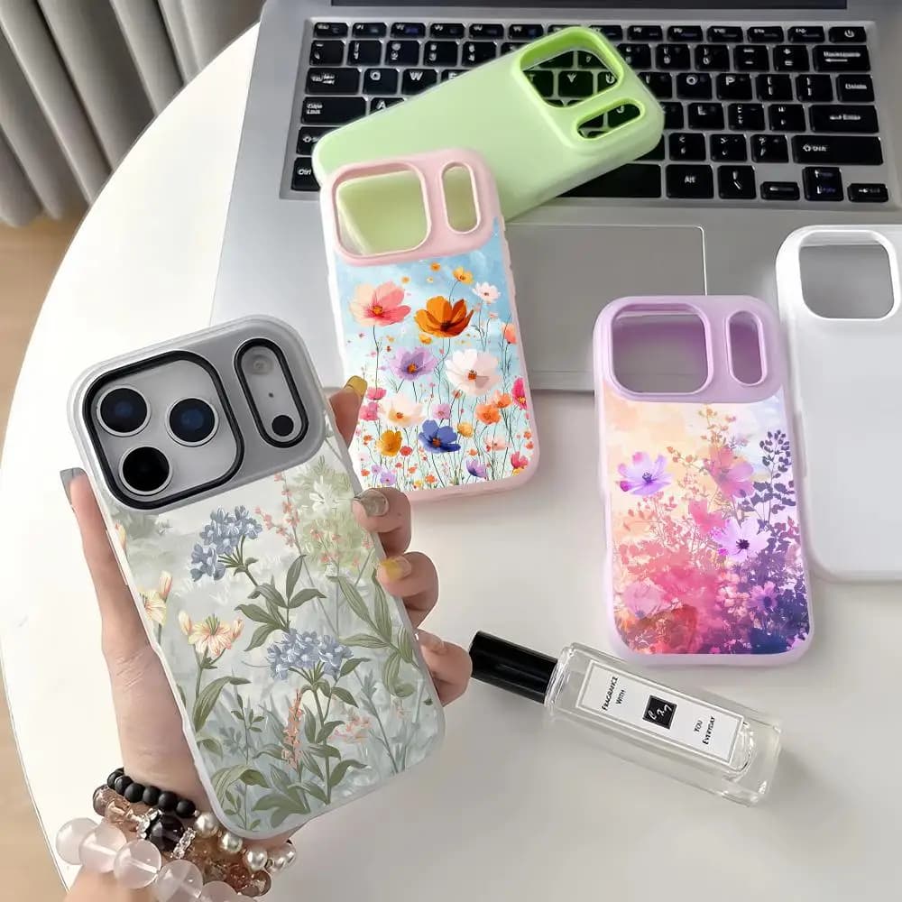 S-Spring Flower Phone Case for iPhone 17 16 15 14 Pro Max, double layer crystal case with brilliant liquid