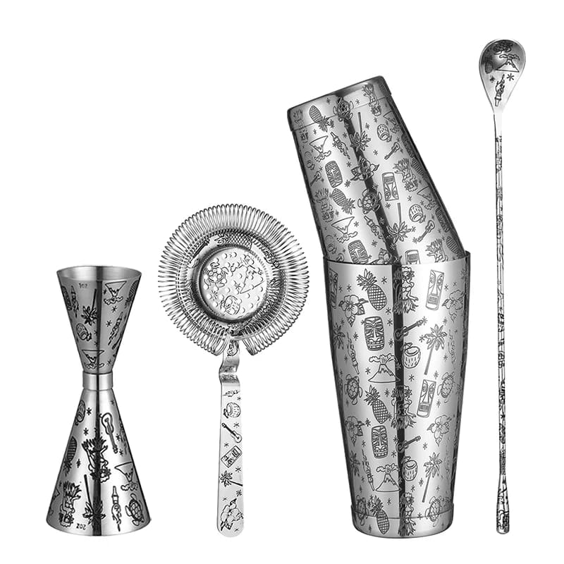 Tattoo Set da Cocktail in acciaio inossidabile da 5 pezzi Tin-on-Tin Shaker, Jigger, cucchiaio e colino