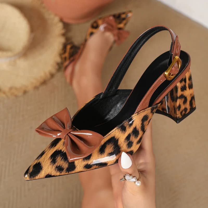 Sandali da donna sexy a punta con tacco grosso, stampa leopardata, color block, punta chiusa, senza schienale