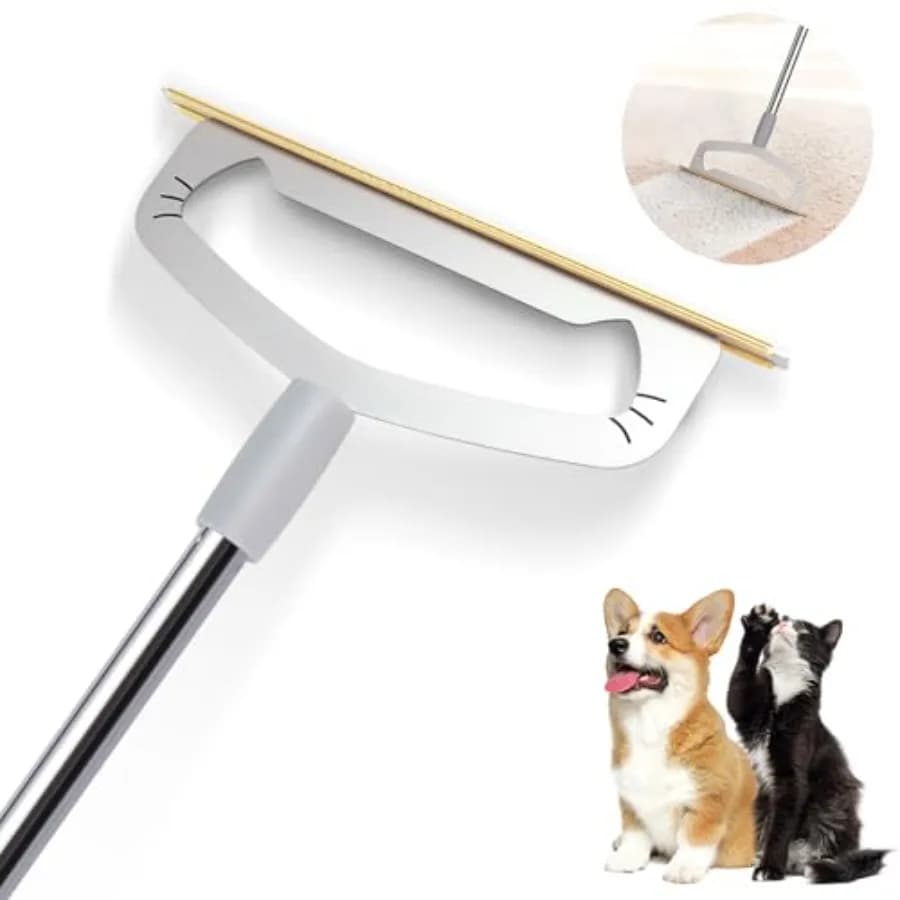 Dog hair removal from carpets - Premium tool for removing pet hair, XL rake with extra long handle for carpets, furniture and more.