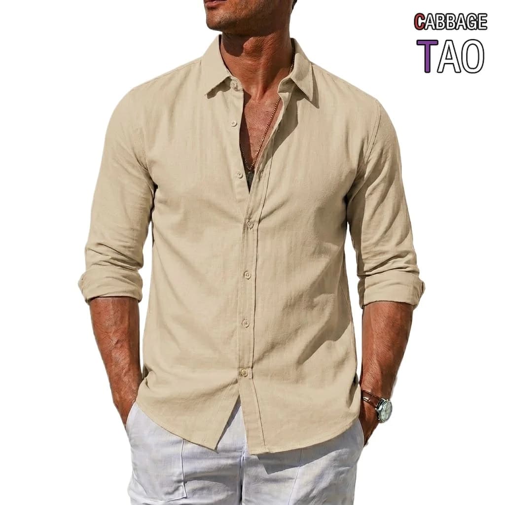 Mens Casual Long Sleeve Cotton Linen Shirt Breathable Lightweight White Top Autumn Streetwear Loose Fit Shirts for Men Top