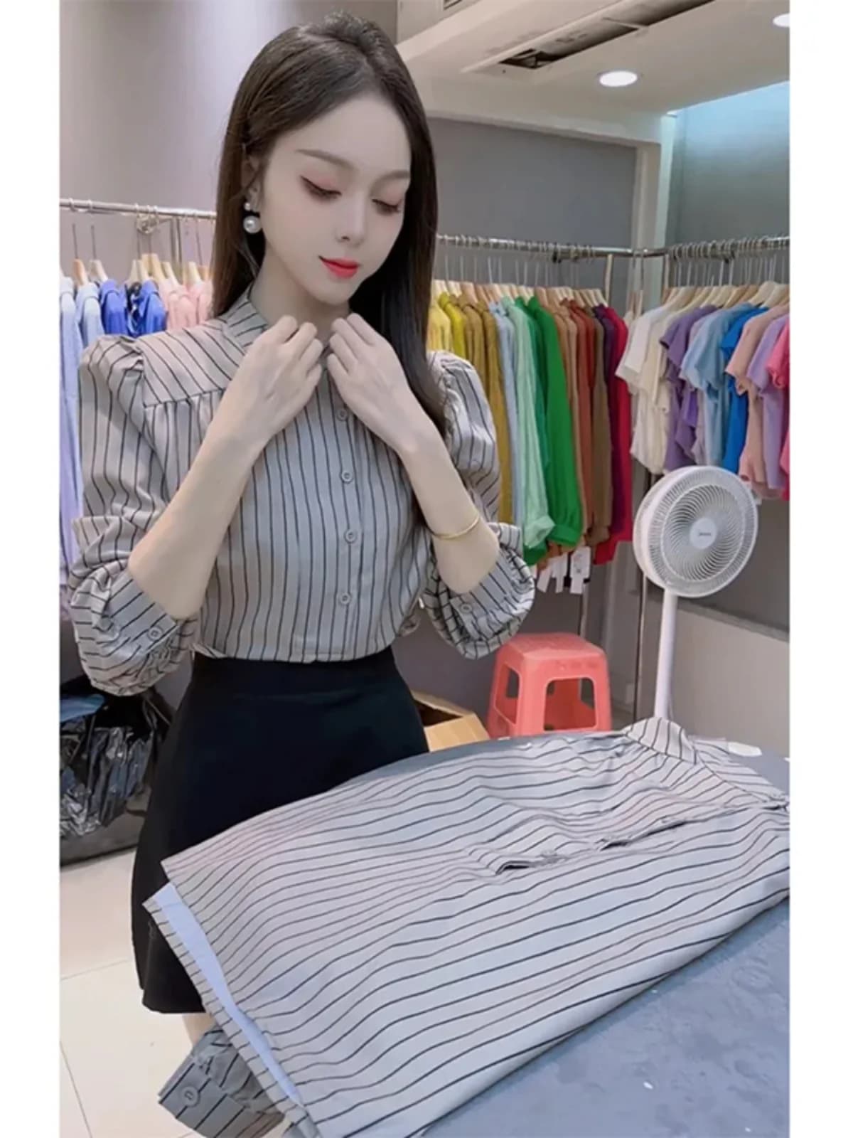 Elegant Stripe Shirt Women's Fashionable Versatile Autumn New Arrival Beautiful Meticulous Top Polyester Long Sleeve Blouse