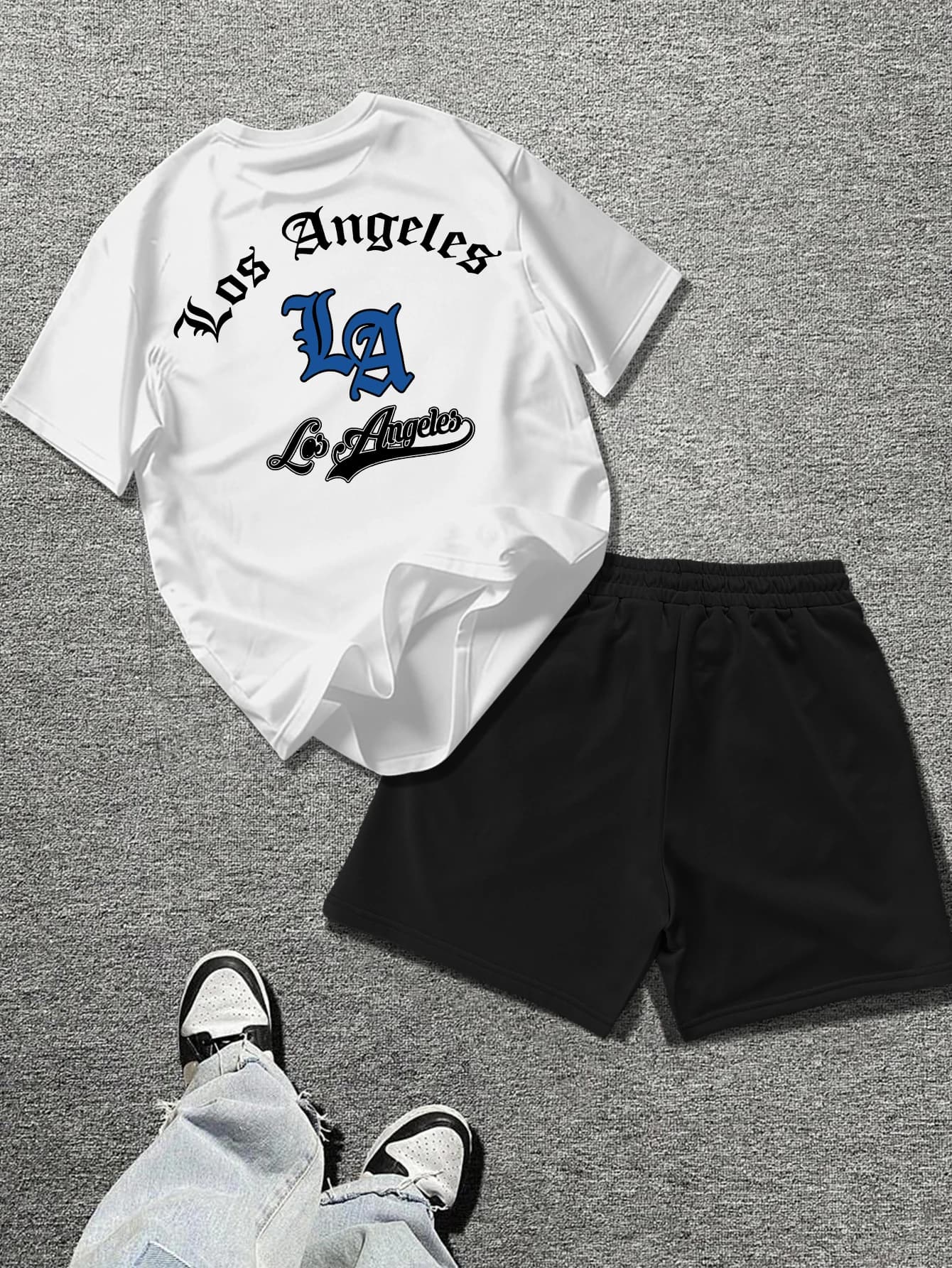 Completo da uomo 2 pezzi: T-shirt a maniche corte con stampa gotica Los Angeles LA e pantaloncini casual con elastico in vita - Tuta streetwear
