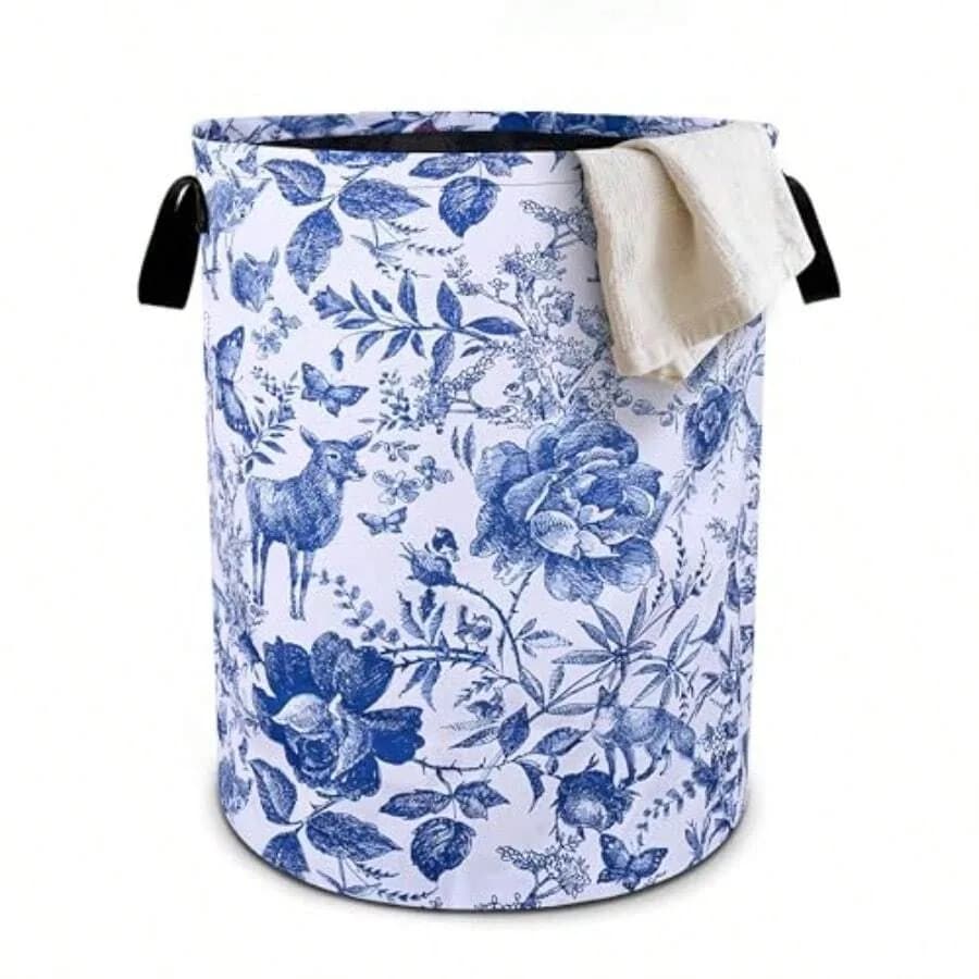 Cesto per biancheria pieghevole blu floreale in tessuto Oxford, borsa portaoggetti, contenitore per vestiti, organizer per bagno/lavanderia
