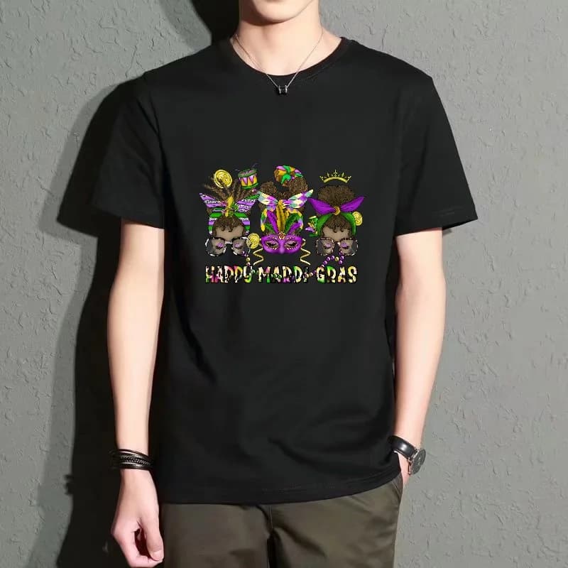Men's Black Round-Neck Short-Sleeved T-Shirt, Carnival-Themed Colorful Printed Top, Casual Street Style, Everyday Versatile, Breathable, Comfortable, Trendy Item