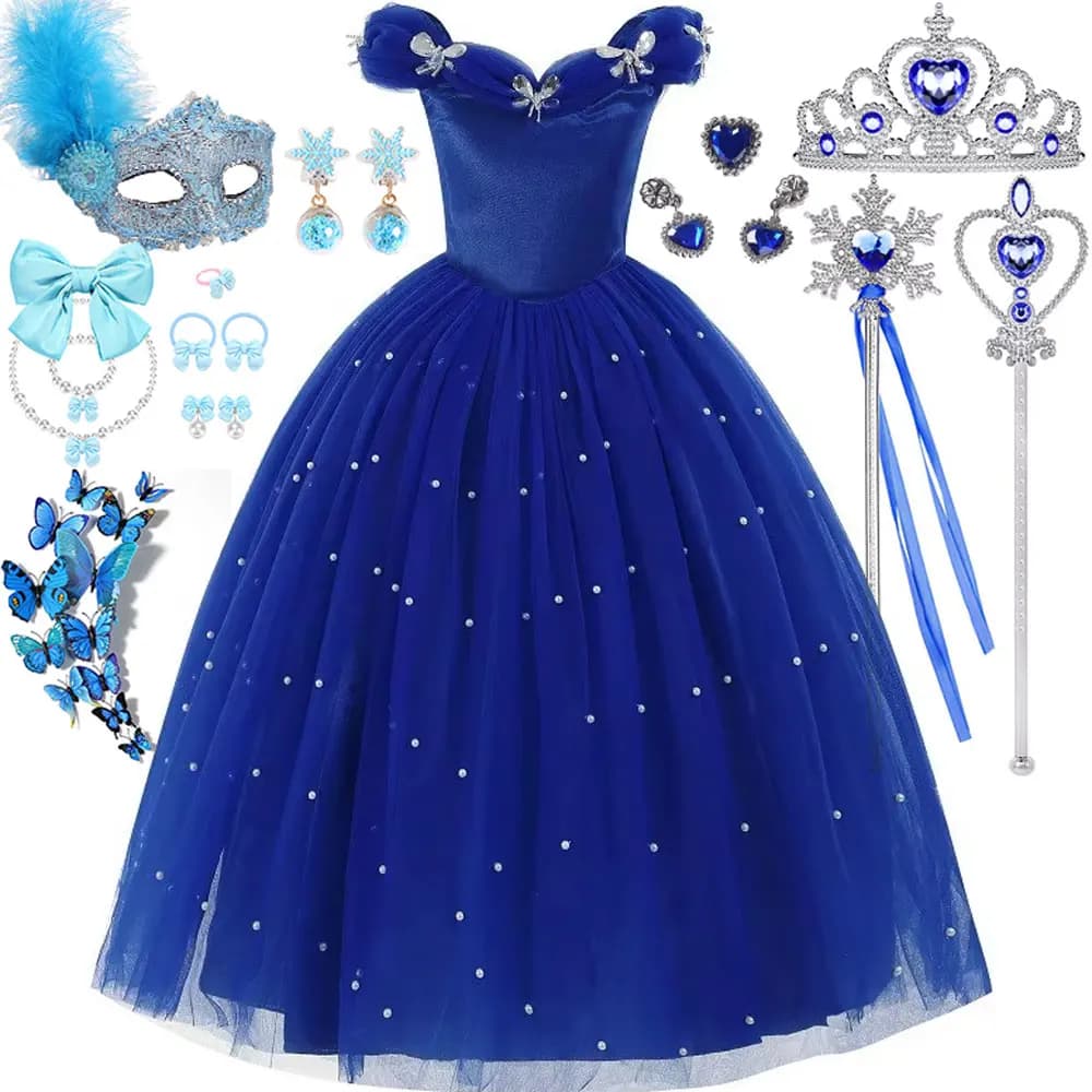 Abito di Lusso Stile Cenerentola Disney, Blu Scuro, con Spalle Scoperte e Gonna a Sbuffo, Set Regalo per Feste di Natale