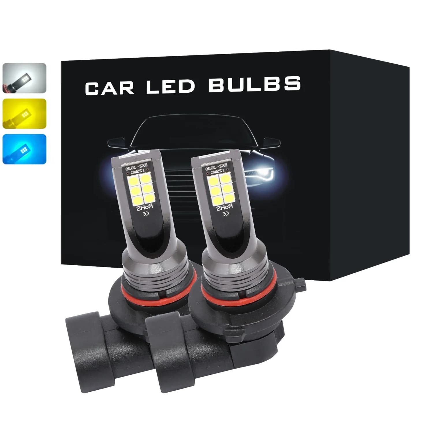 2 Pezzi Lampadine LED 9005 HB3 9006 HB4 H10 Super Luminose per Fari Fendinebbia Auto, Luci Diurne 12V 6000K Bianco Giallo Blu