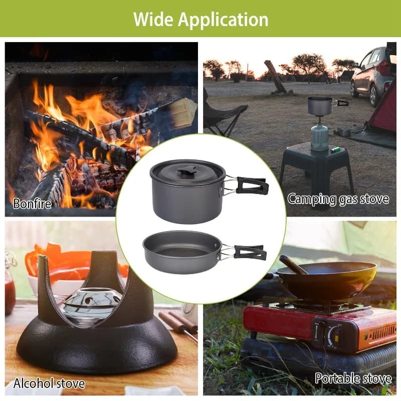 Set of camping stove and aluminium pots - Complete kit for pastry with stainless steel cups Pens and portable camping pans light