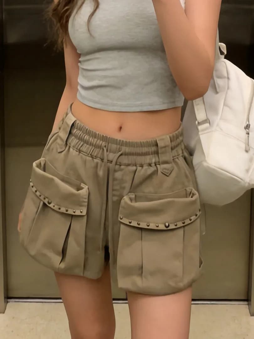 Retro American Washed Rivet Workwear Shorts Women Summer New Drawstring Loose Slimming Casual Pants High Waist Polyester Fiber
