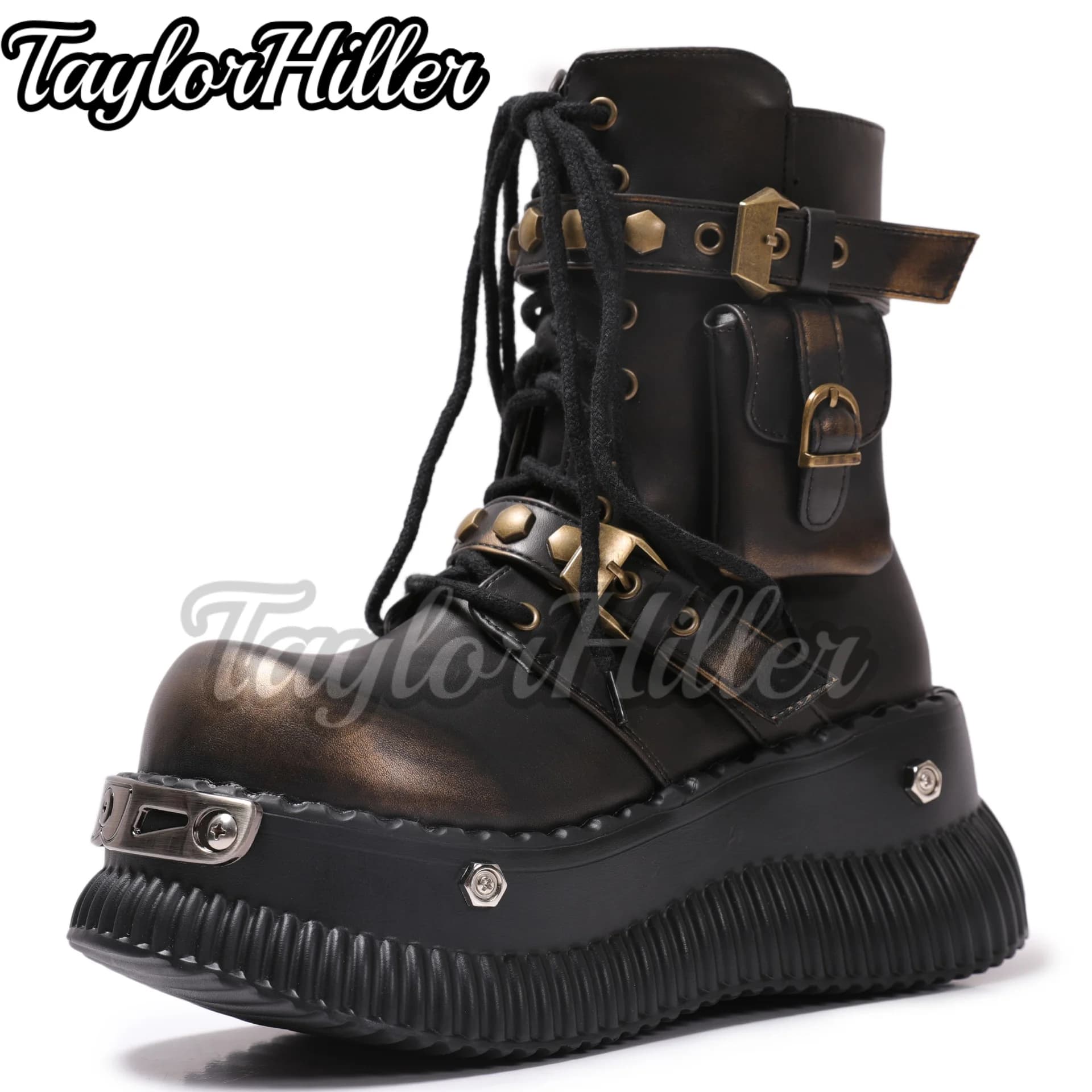 Stivali di colore misto marrone roccia Punta tonda Botas Cintura con tacco quadrato Rivetti Scarpe stringate Autunno Inverno Uomo Donna Zapatos De Mujer 2025
