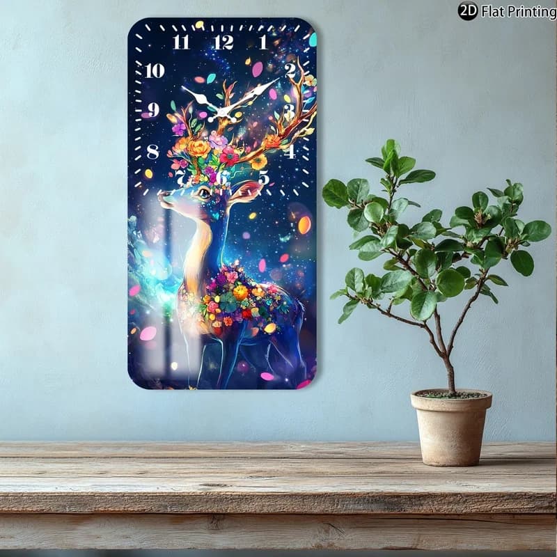 1 elegant deer decorated with colorful flowers Rectangular wooden quartz wall clock for party gifts idea for home office