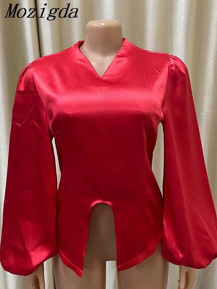 Camicetta da ufficio con maniche a lanterna da donna elegante ed elegante con scollo a V davanti diviso in raso solido di lusso per feste africane e cene da donna