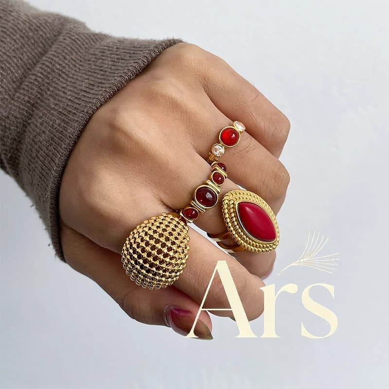 Ars Red Agate Stone Rings 18k Gold Plated Stainless Steel Ring for Women Statement Finger Rings No Tarnish Ring Gifts for Her