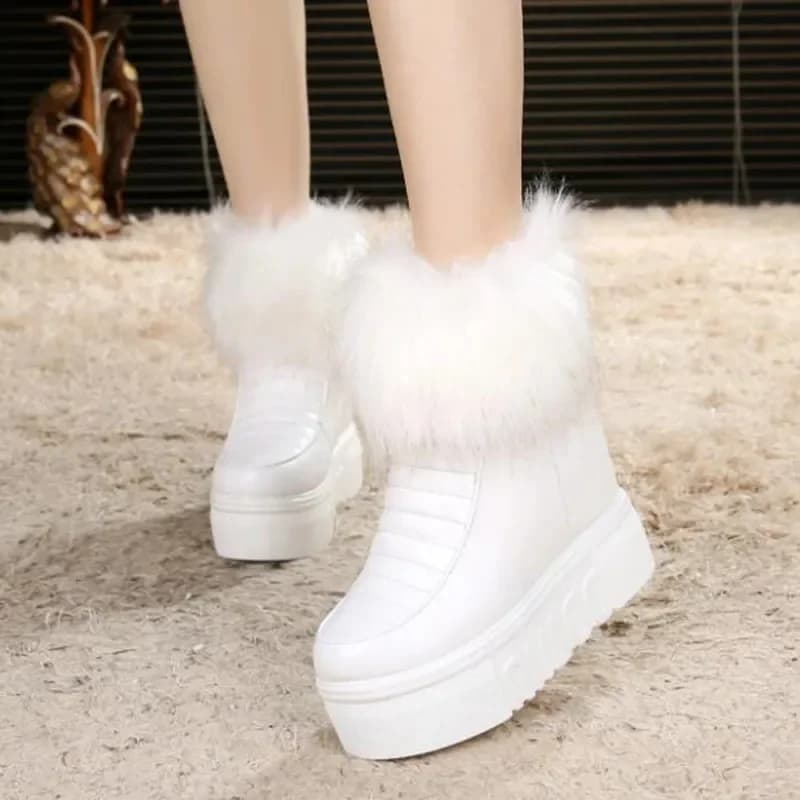 Stivali da neve in pelle calda invernale Scarpe da donna in cotone con cerniera laterale robusta Scarpe da ginnastica in peluche alla moda Calzature con altezza crescente Bianco Nero