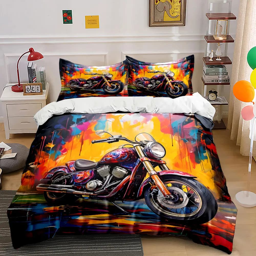 Set di biancheria da letto con stampa di motociclette dipinte e sfondo con graffiti, 1 copripiumino, 2 federe per adulti e bambini, regalo di lusso