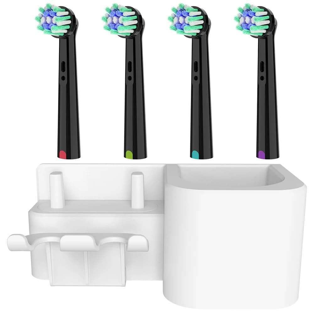 Wall brush holder without holes and 4 Cross Action spare heads, compatible with Oral B electric brushes