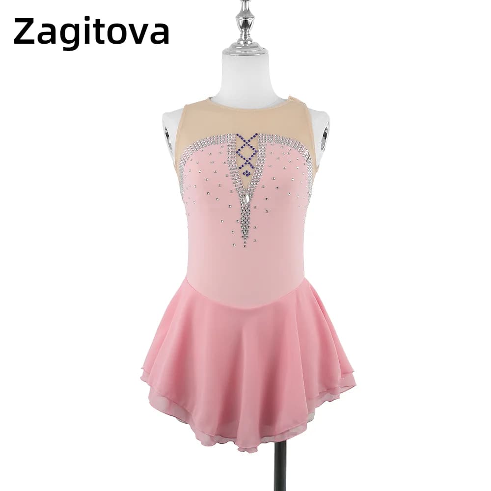 Abito da Pattinaggio Artistico ZAGITOVA Rosa Chiaro per Donne e Ragazze, Senza Maniche, con Strass, Schiena Scoperta, Gonna in Rete Colorata