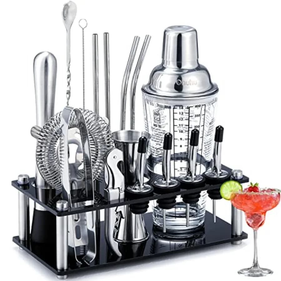 Cocktail Shaker Set 17-Piece Bartender Kit Bar Tool Set with Acrylic Stand Premium Soda-Lime Glass Drink Shaker with All Bar Ac