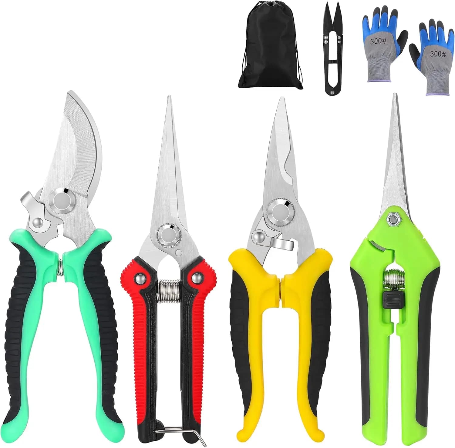 Set di forbici da giardinaggio da 5 pezzi con guanti e borsa per il trasporto – Forbici da potatura in acciaio inossidabile per fiori, erbe e rami piccoli – Kit di attrezzi da giardinaggio ergonomici