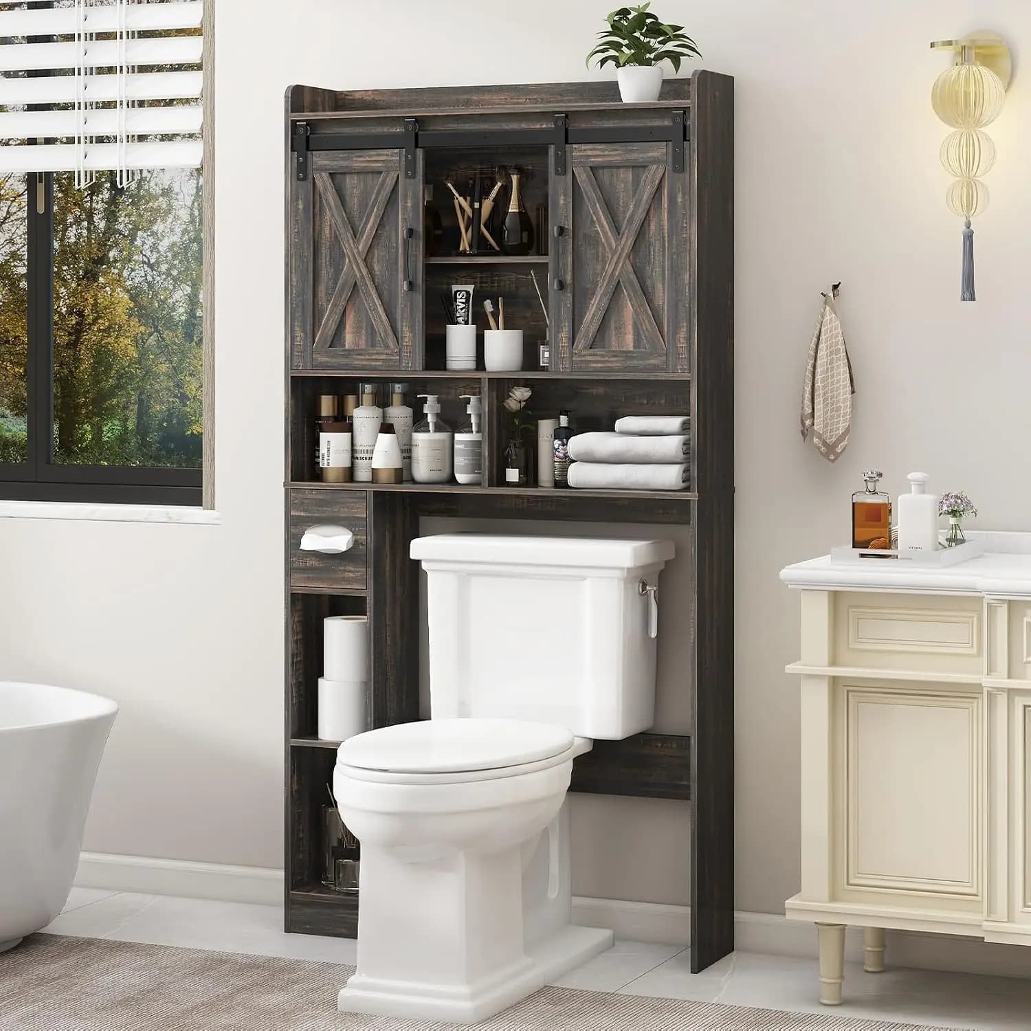 Over The Toilet Storage Cabinet, Farmhouse Storage Cabinet Over Toilet with Sliding Door& Toilet Paper Holder Stand，Home Space-S