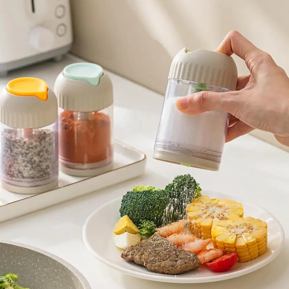 Barattolo di condimento Pressa Scatola di condimento Bottiglia di condimento per comino con foro di aggancio Controllo della porzione Set di agitatori per spezie Accessori da cucina
