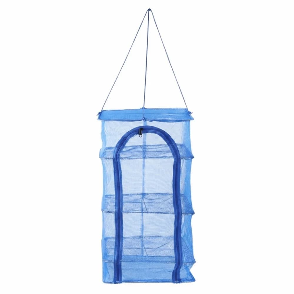 Portable Collapsible Fishing Drying Net PE 35*35*66cm Food Drying Rack Blue with Zipper Opening Drying Net Shrimp