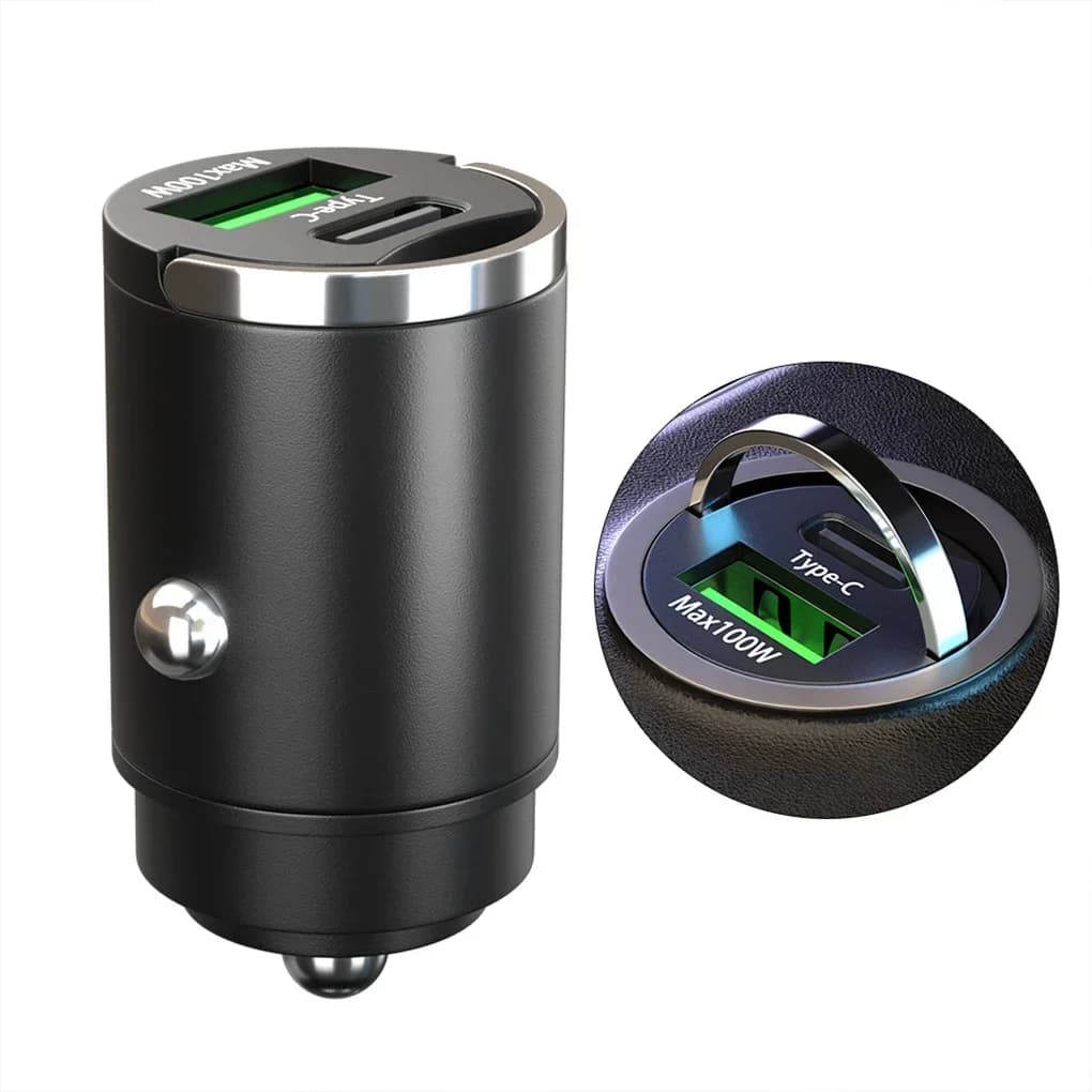 100W Fast Charging Car Charger Hidden Mini Pull Ring Dual Port Car Charger Adapter Easy To Carry And Charge Your Phone