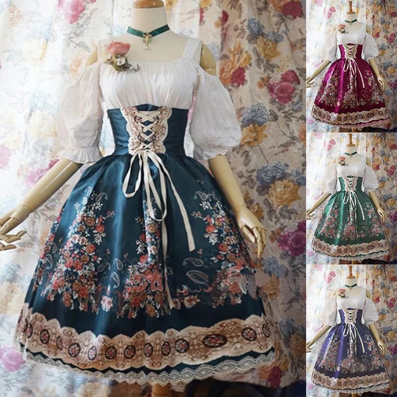 Plus Size Women Gothic Lolita Dress Off Shoulder Vintage Printed Puff Sleeve Bandage Cosplay Dress Party Costume