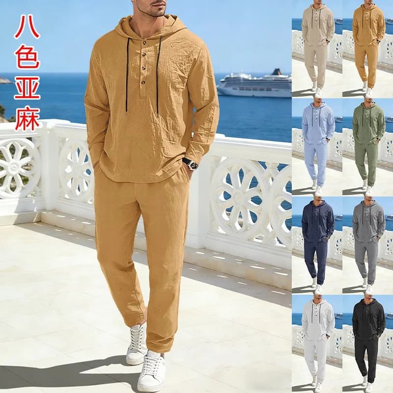 Completo da Uomo 2 Pezzi con Cappuccio e Coulisse, Felpa Casual Coordinata a Maniche Lunghe, Pullover Beige