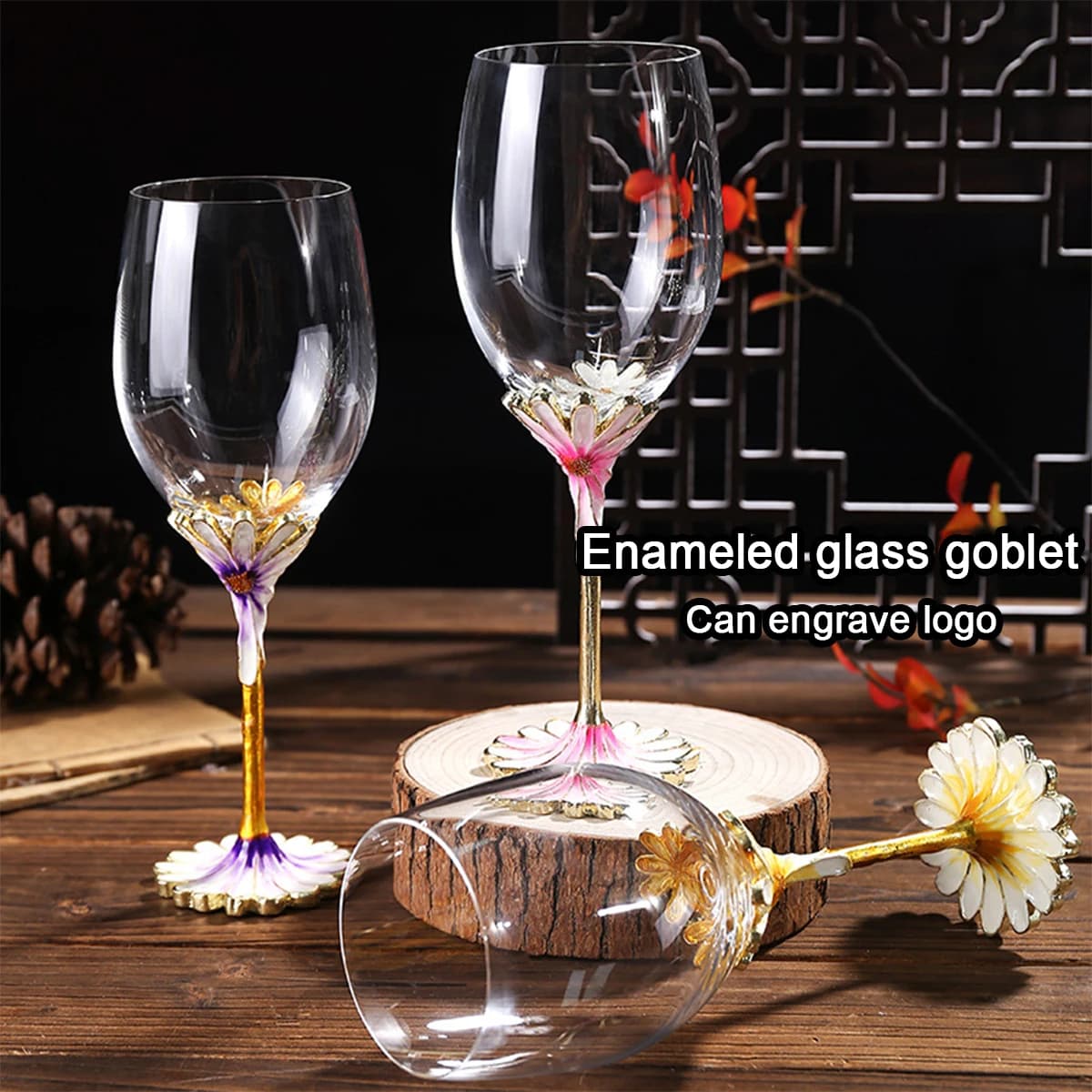 (Disponibile incisione del logo) Bicchieri da vino in cristallo smaltato con margherite intagliate da 350 ml, set regalo di nozze, bicchieri con stelo per la casa, regalo di compleanno.