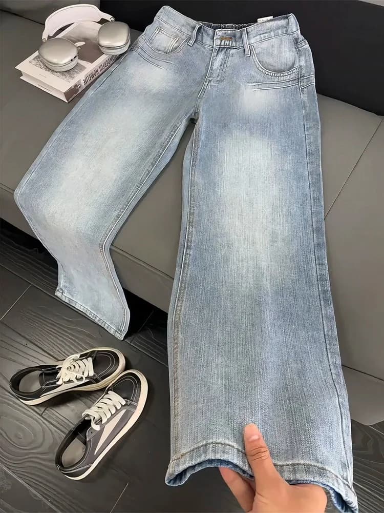 Light Blue Men's Denim Jeans High Waist Straight Leg Micro Flared Bamboo Node Wash Casual Wear Resistant High Street Style