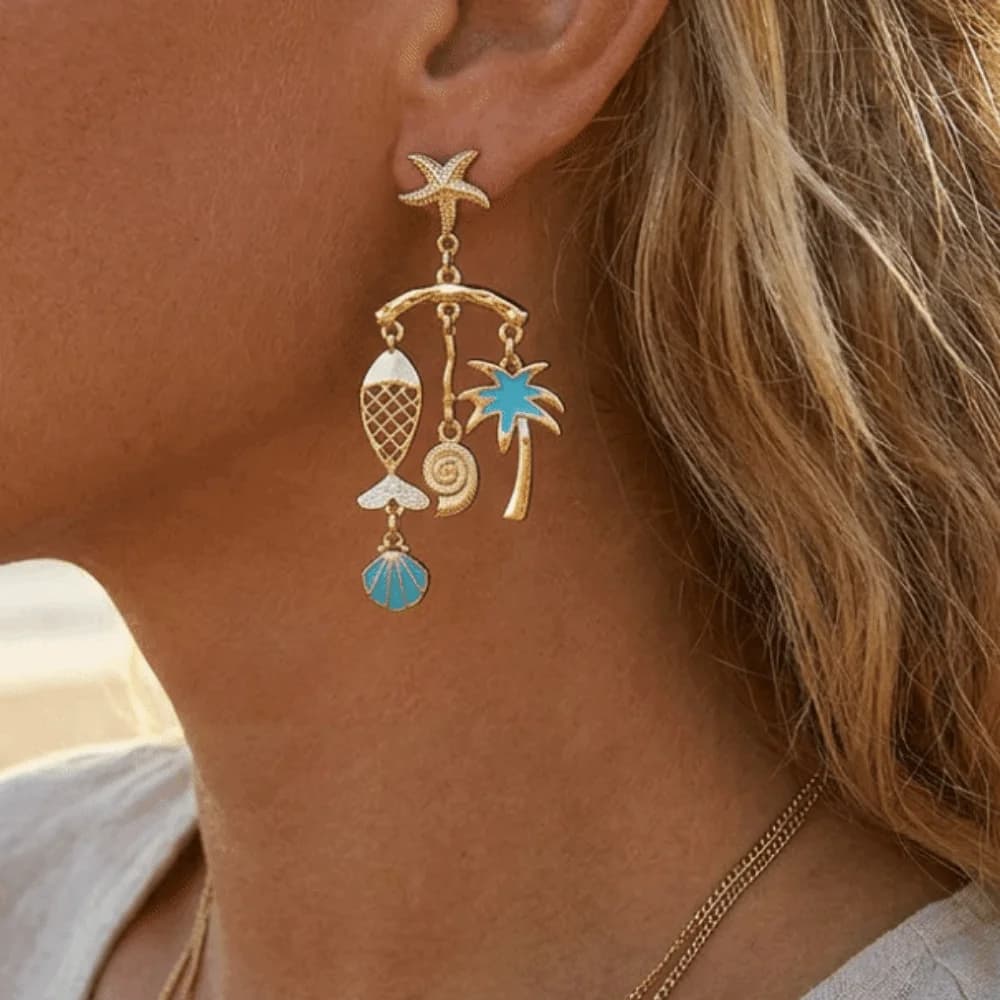 Orecchini a perno alla moda con conchiglie e stile oceano, orecchini a perno con albero di cocco e stile boho, orecchini a perno con conchiglie, orecchini squisiti a forma di pesce e stella marina, per le vacanze