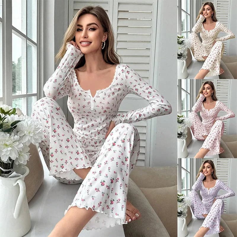 Nuovo Set Pigiama da Donna Morbido e Confortevole con Stampa Floreale, Top a Maniche Lunghe e Pantaloni, Abbigliamento da Notte in Due Pezzi