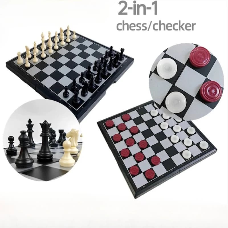 Two-in-One Magnetic Chess & Checkers Board Game Set with Portable Foldable Storage Box - Magnetic Base