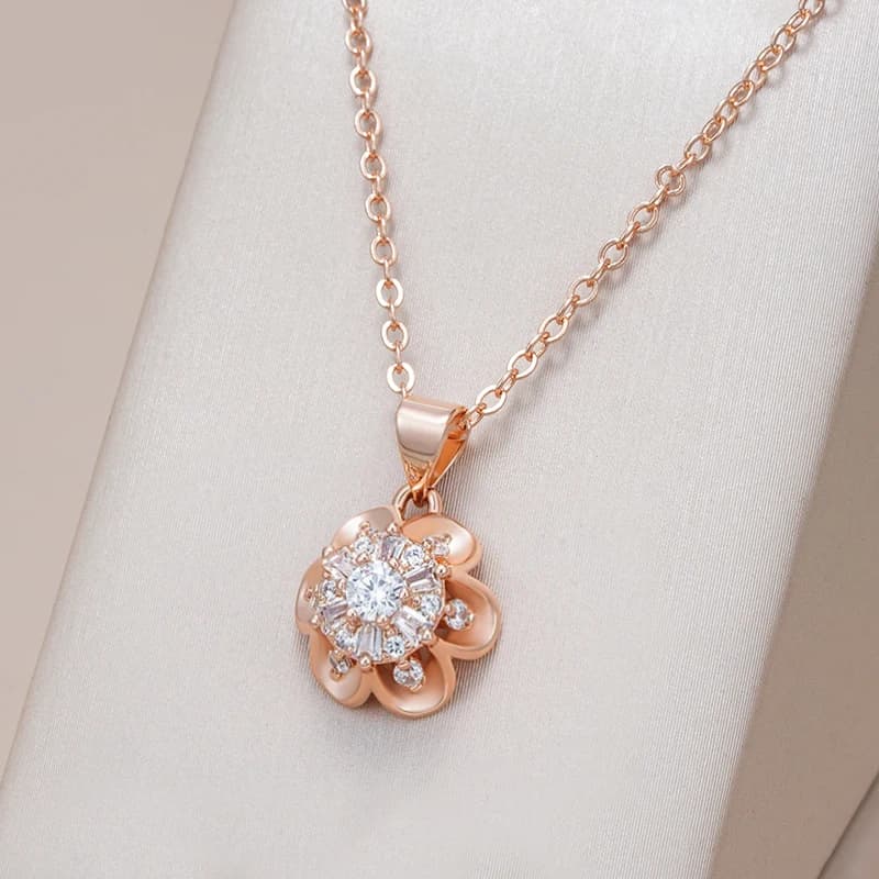 Kinel Hot 585 Collana con ciondolo fiore in cristallo color oro rosa per donna Accessori in zirconi naturali Gioielleria raffinata quotidiana creativa