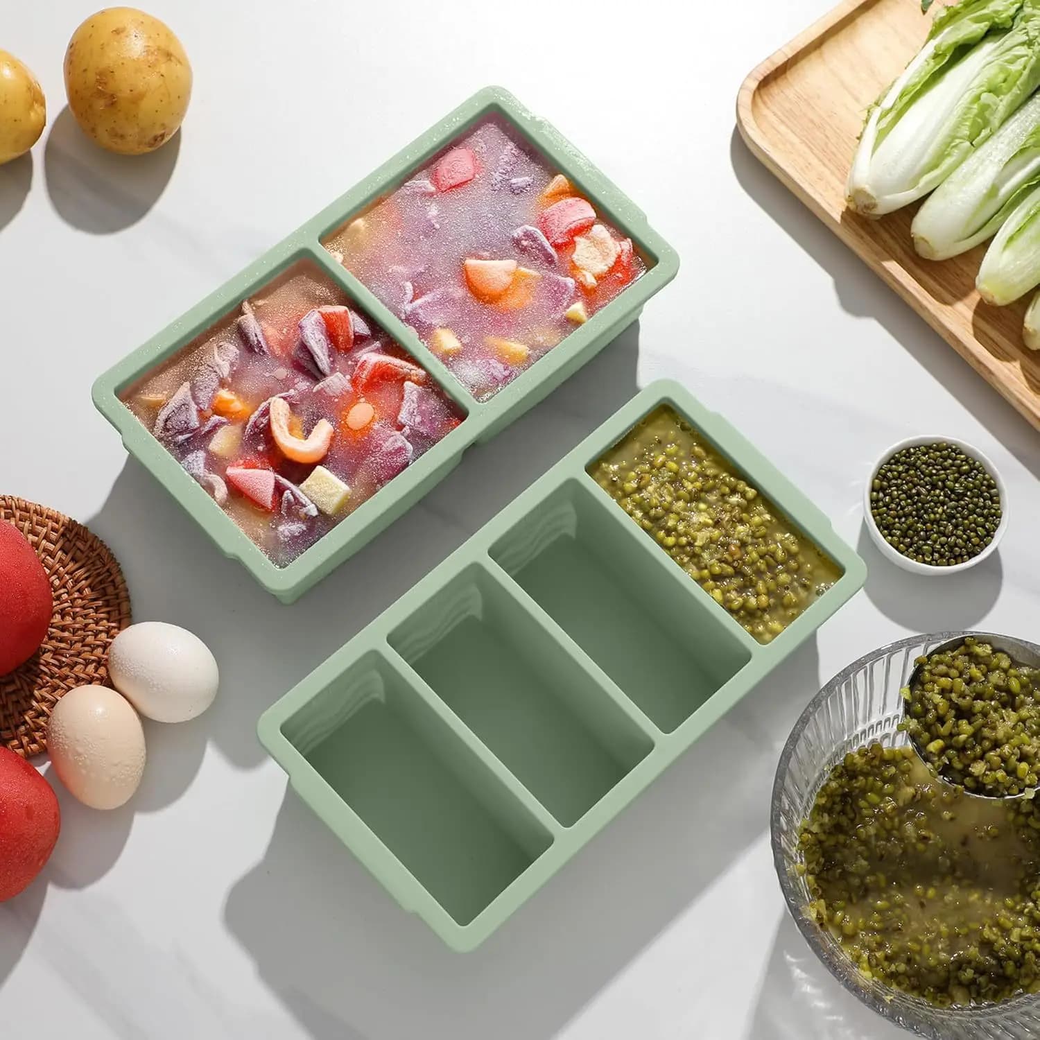 Vassoio per congelatore in silicone per cubetti di ghiaccio per zuppe per la preparazione dei pasti - Confezione da 2 vassoi per congelamento per porzioni di zuppe in silicone per creare cubetti di ghiaccio con zuppa