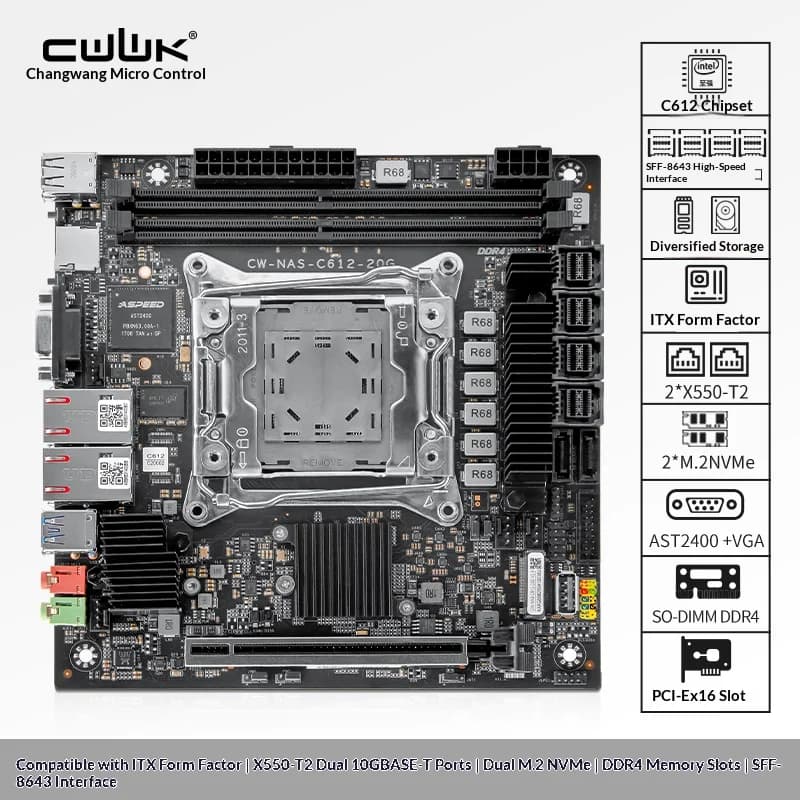 C612 LGA 2011-3 Xeon X99 Motherboard Support DDR4 Memory NAS dual 10GB Ethernet M.2 NVME VGA SFF-8643 Expandable storage ITX