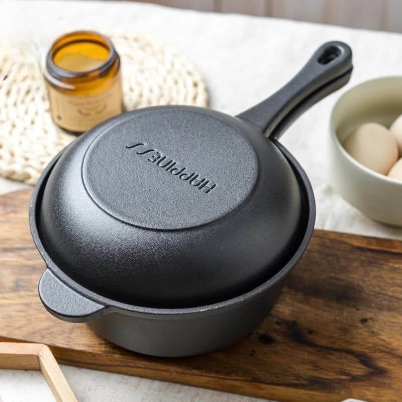 18cm Cast Iron Enamel Pot No Coating Rust Proof Dual Use Fry Pan Small Soup Pot High Power Concentration Easy Clean for Cooking