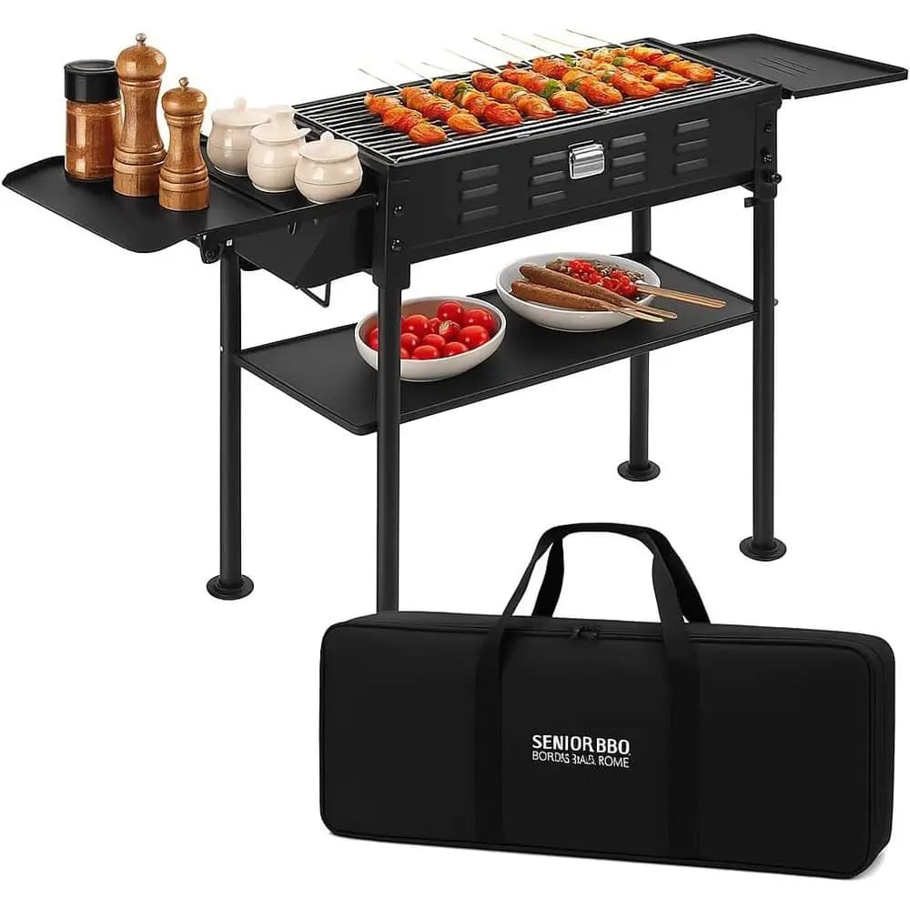 35 Portable Charcoal BBQ Grill for Outdoor Cooking, Camping, Hiking, and Picnics with Storage Bag and Non-Stick Grill Pan, Matte