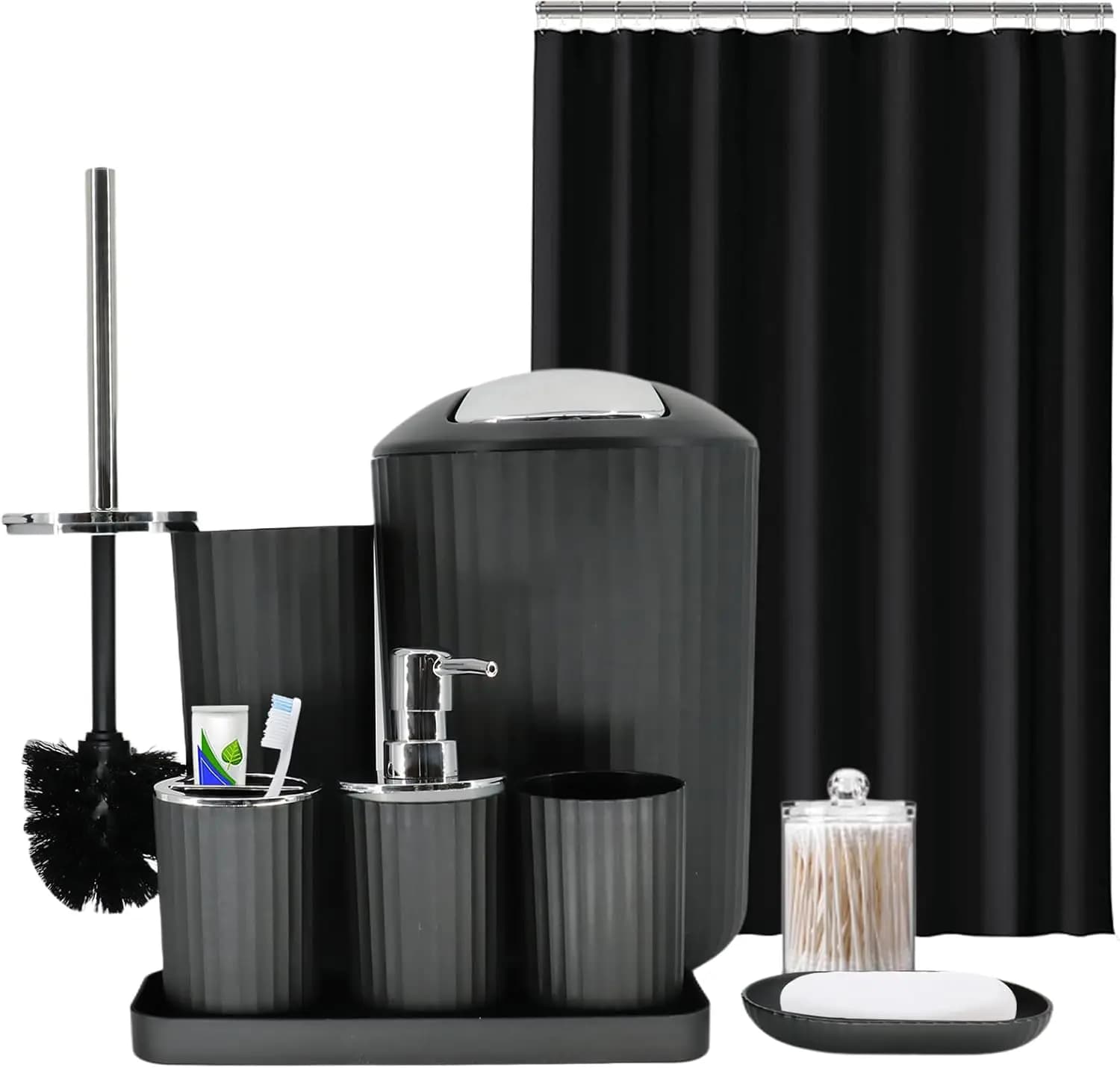 Set Bagno Nero da 9 Pezzi con Tenda Doccia, Cestino, Dispenser Sapone e Altro per Casa Moderna