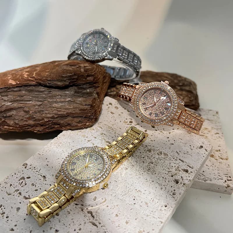 2/5 pcs/set Women's Stainless Steel Strap With Rhinestone Dail Quartz Watches And Bracelet Set Luxury Golden Wrist Watch Montre Femme
