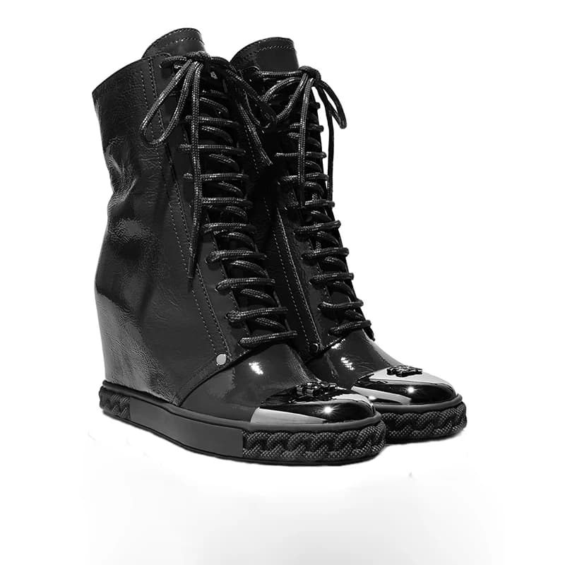 New Rubber Platform Sole Inner Height Increased Ankle Boots Patent Leather Round Metal Toe Zipper Roman Boots High top Sneaker
