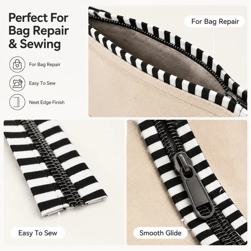 2-20M 5# Nylon Zipper Tape Striped Decorative Coil Roll Cut-To-Length Bag Purse Closure Replacement Sewing Repair Accessory Kit