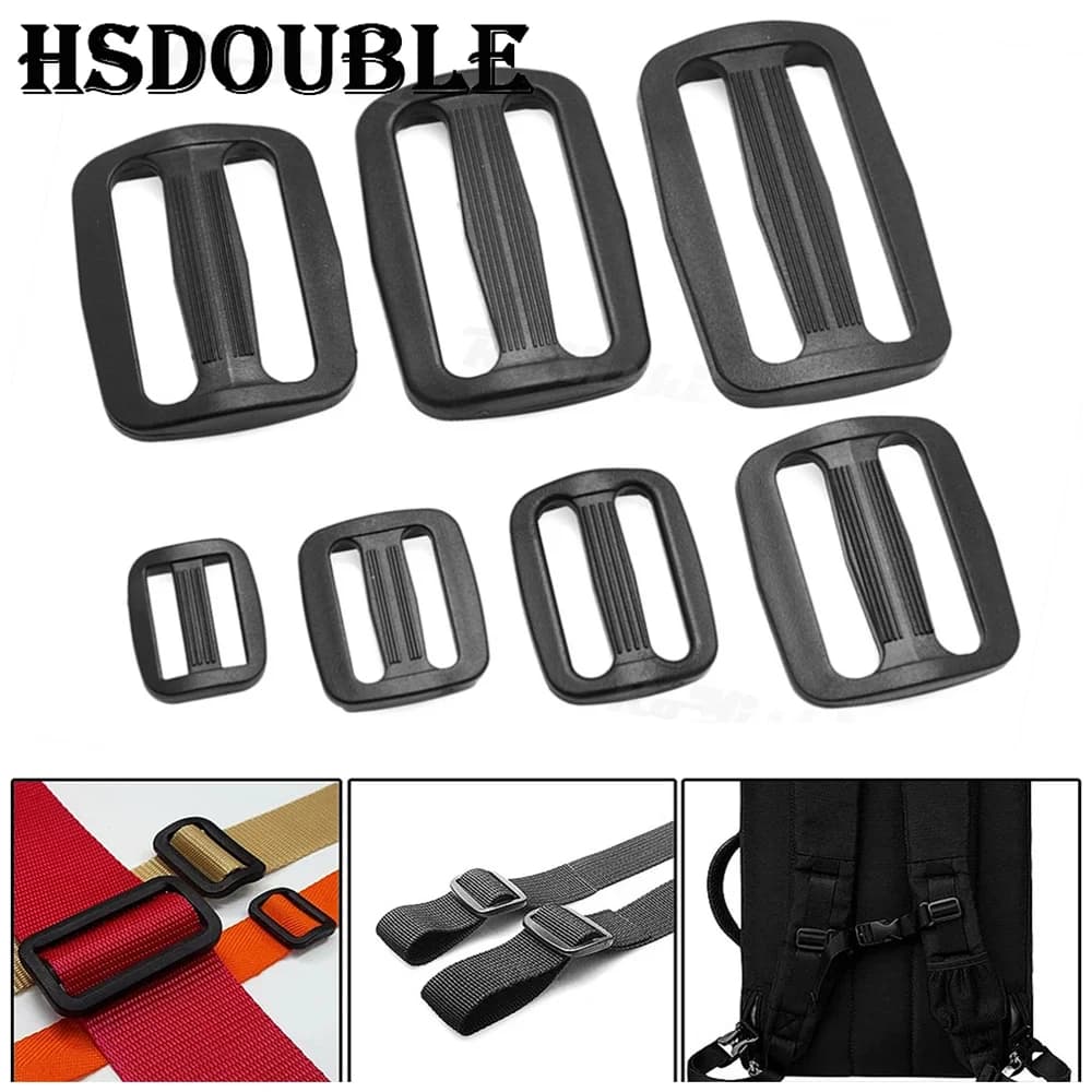 Pack of 10 Pieces Fibbies Plastic Curves 15-50mm for Belts, Three Ring Regulators for Backpacks, Black