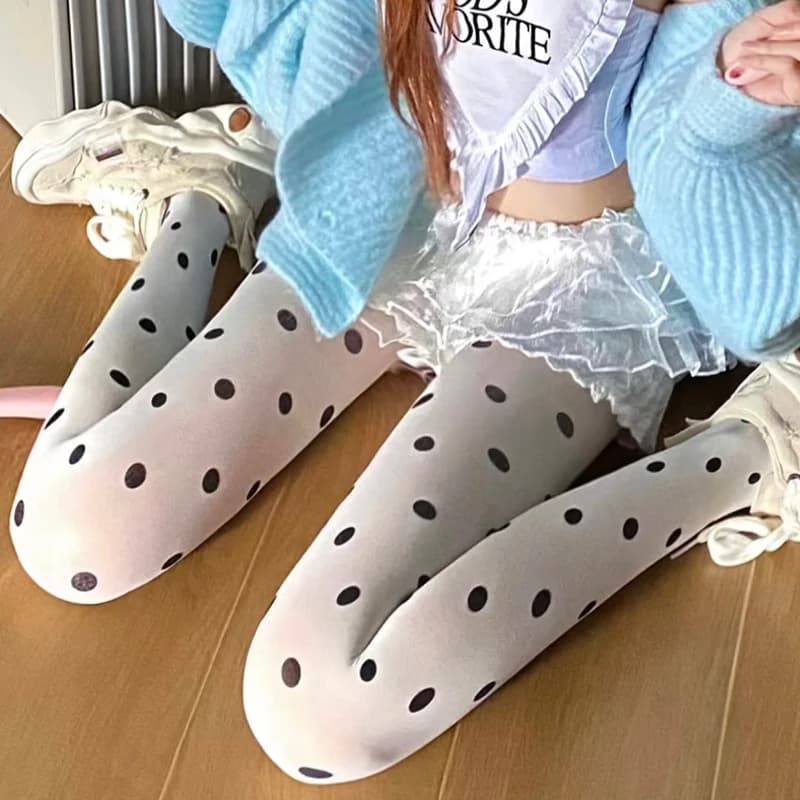 Collant con motivo a pois neri Leggings collant sexy vintage Y2K da donna JK Calze lunghe elastiche strette con piedi setosi opachi