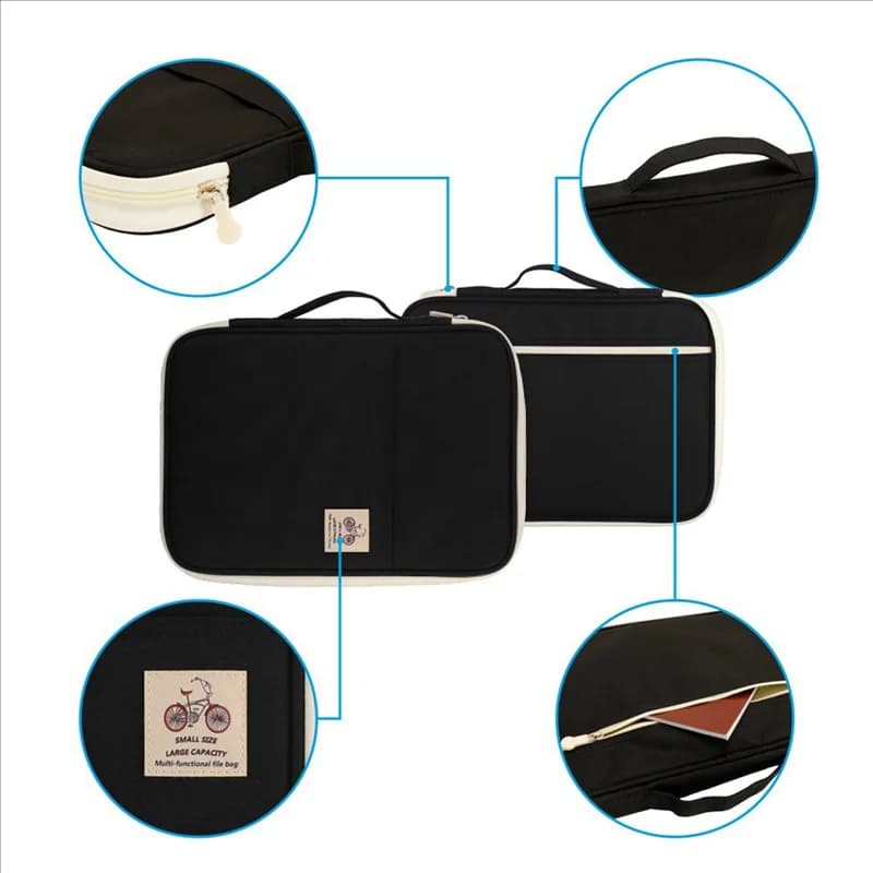 5X Borsa porta documenti A4 in tessuto Oxford impermeabile Borsa da lavoro multifunzionale Cartella di file Cerniera per cancelleria (Nero)