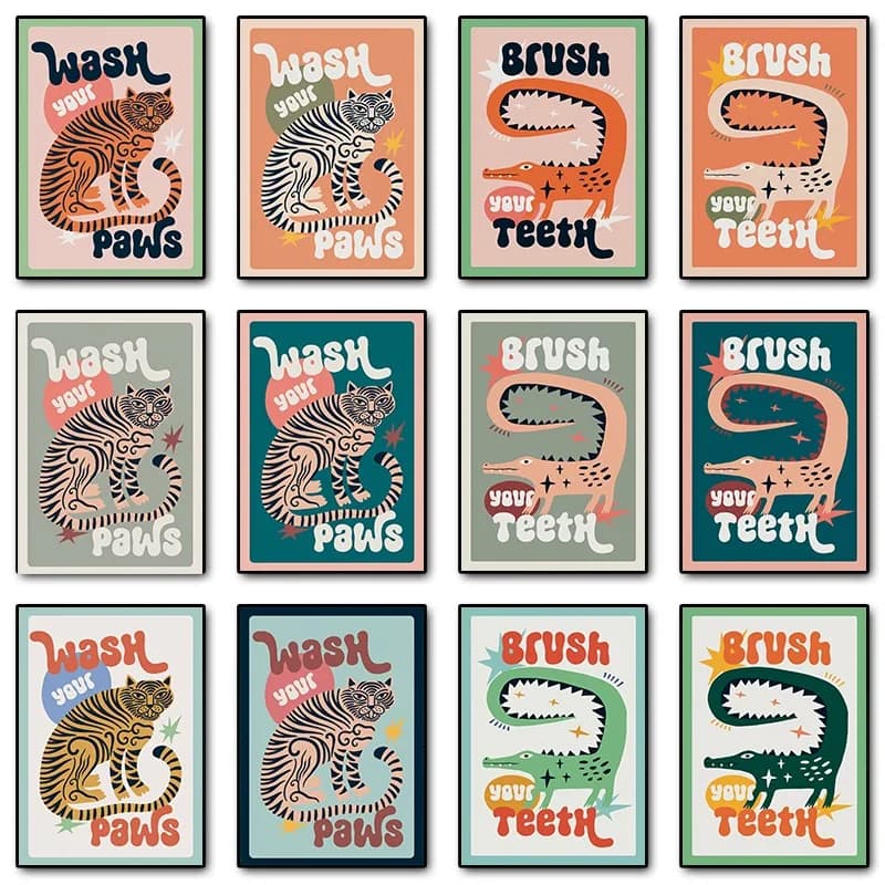 1 pz. Poster da Bagno Senza Cornice con Citazione Divertente: Tigre 'Lavati le Zampe' e Coccodrillo 'Spazzati i Denti', Stampa su Tela, Arte Murale Originale