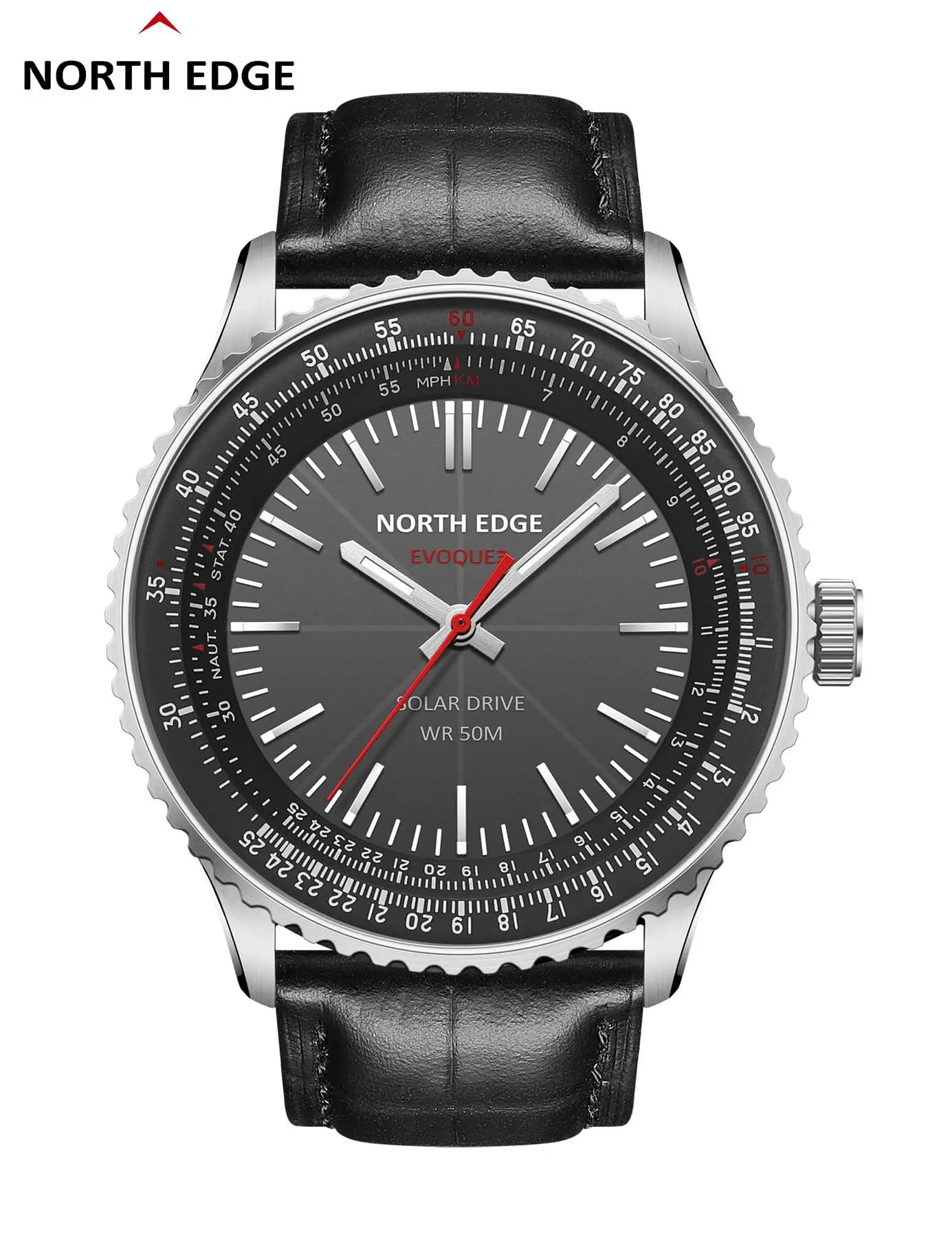 NORTH EDGE EVOQUE 3 Orologio da uomo della serie pilota Orologio militare aeronautico ad energia solare Cinturino in pelle Cassa luminosa in acciaio inossidabile