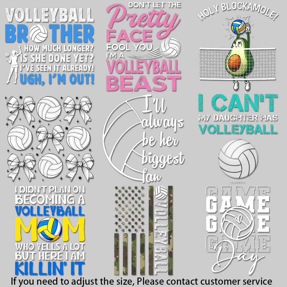 Volleyball themed HTV transfers for T-shirts - Designs for sports moms with stars, hearts, camouflage models, washable DIY decals